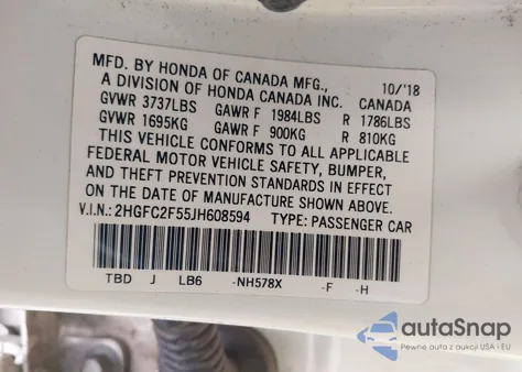 2018 Honda Civic Lx from USA, damaged, VIN 2HGFC2F55JH608594